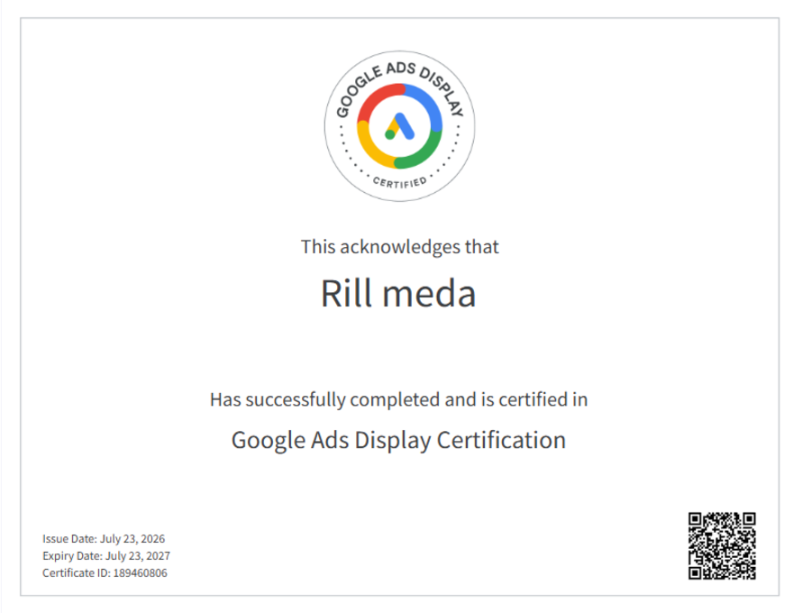 Google Ads Display Certification issued to Rill Media, 23 July 2026, valid to 23 July 2027.